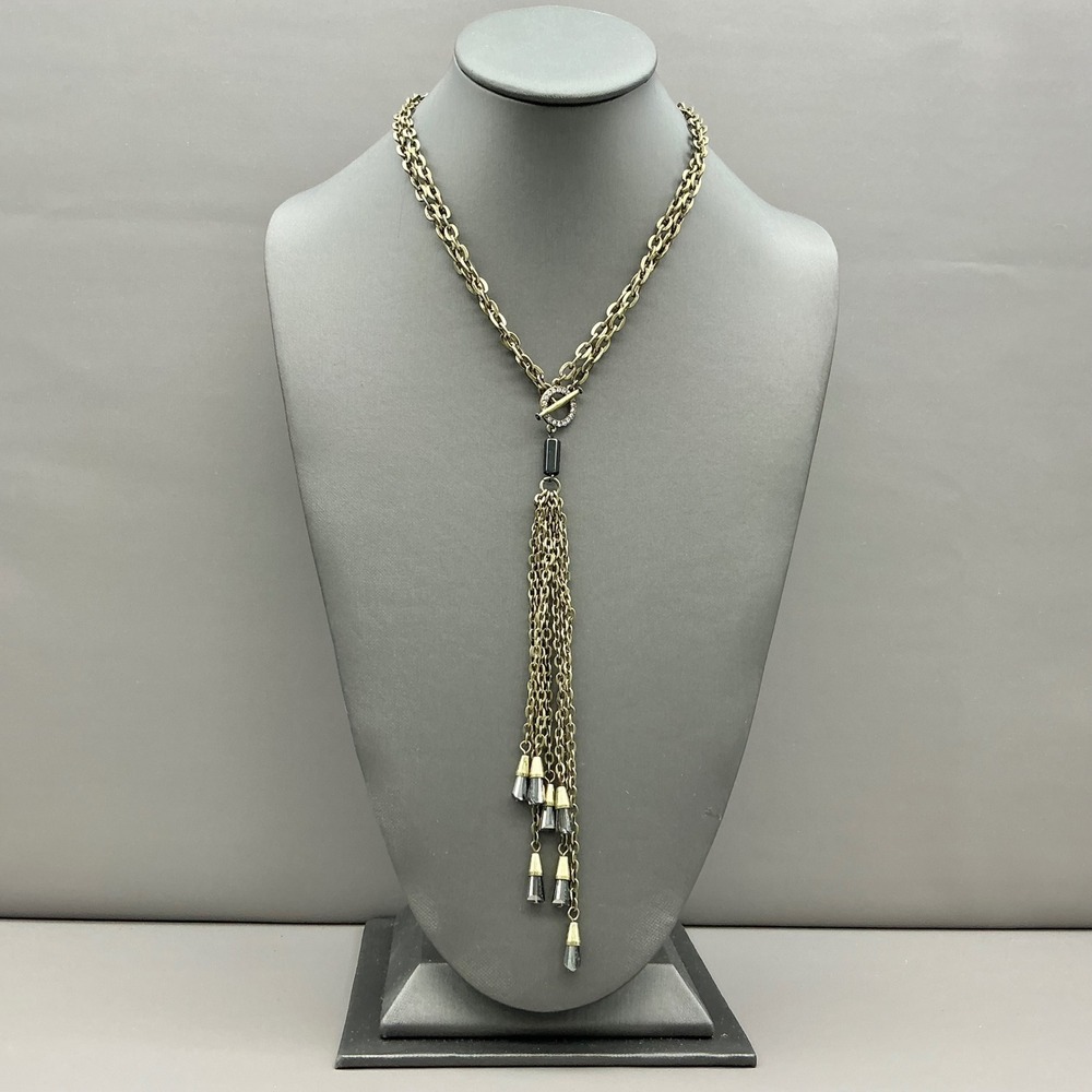 Long Tassel Pendant Necklace Women Gold Tone Rhinestone Toggle Clasp Fashion